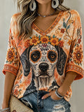 Women's Day Of The Dead Sugar Skull Puppy Marigold Flowers Print 3/4 Sleeve V-Neck T-Shirt