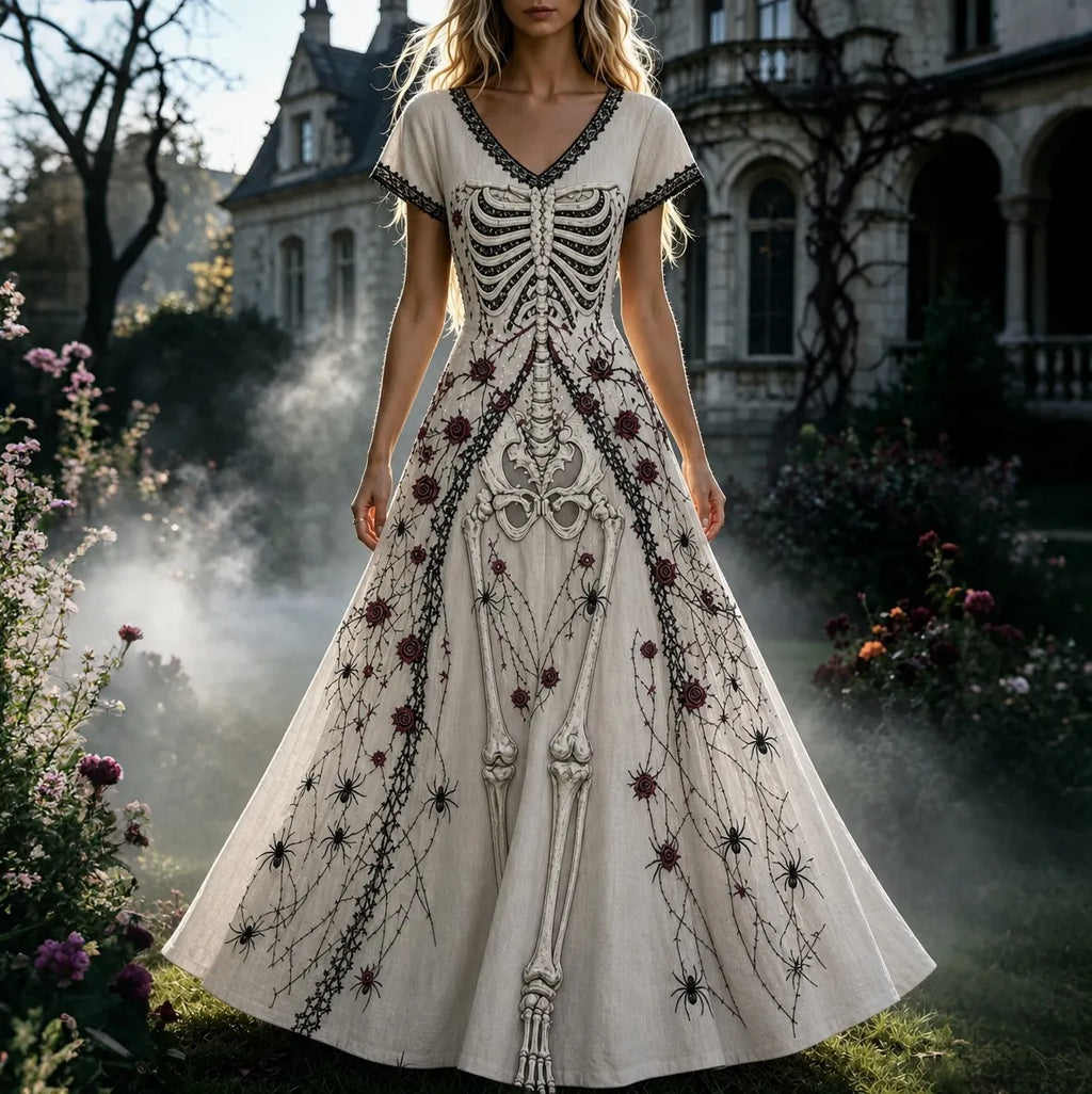Women's  Retro Gothic Skull Floral Pattern Short Sleeves Maxi Halloween Dress
