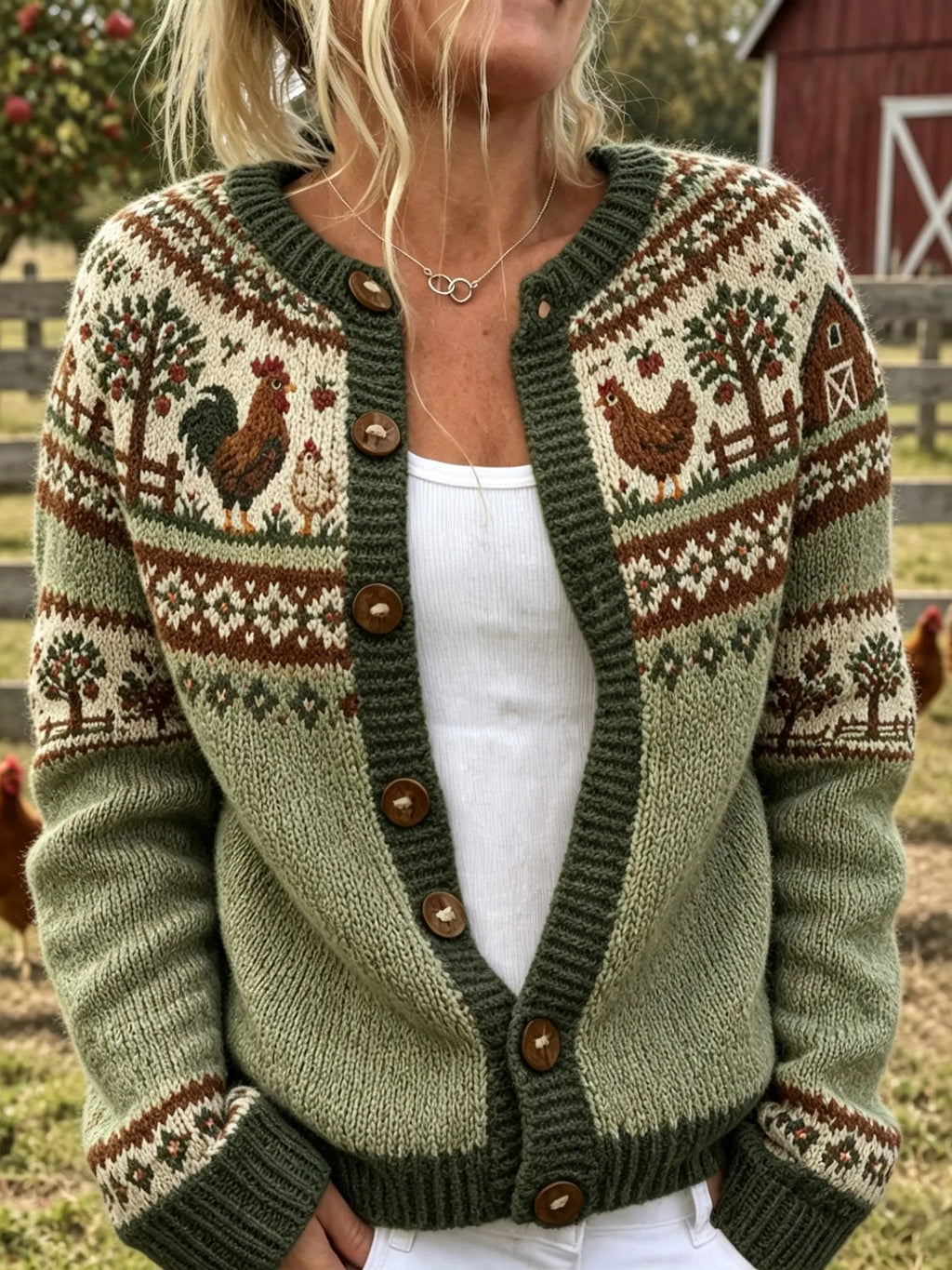 Women's Vintage Farm Animal Print Casual Knit Cardigan
