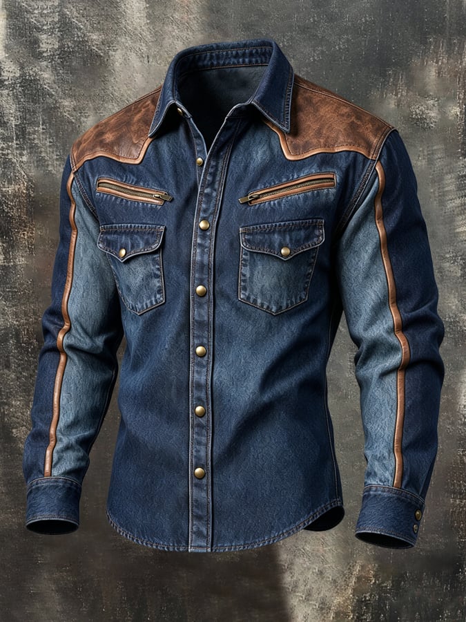 Men's Vintage Western-Style Color-Block Long-Sleeve Cowboy Shirt