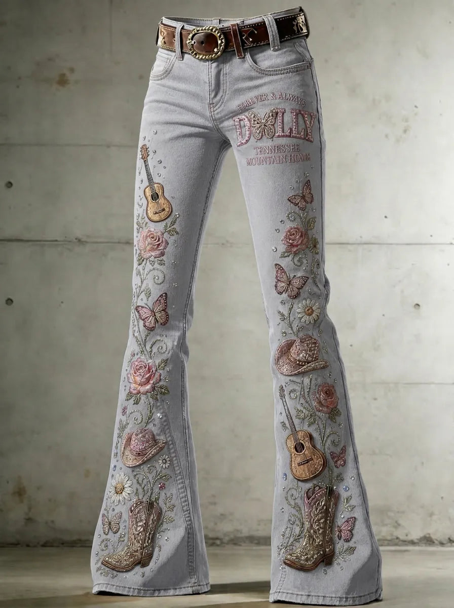 Women's Dolly Parton Guitar Butterfly Rose Printed Flare Jeans