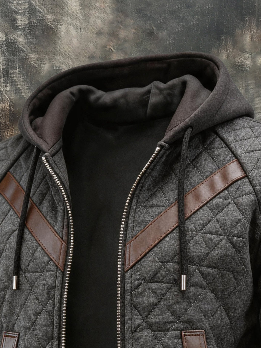 Men’s Vintage-Style Paneled Leather Hooded Jacket
