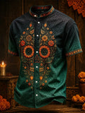 Men's Day Of The Dead Floral Skull Print Stand Collar Short Sleeve Shirt