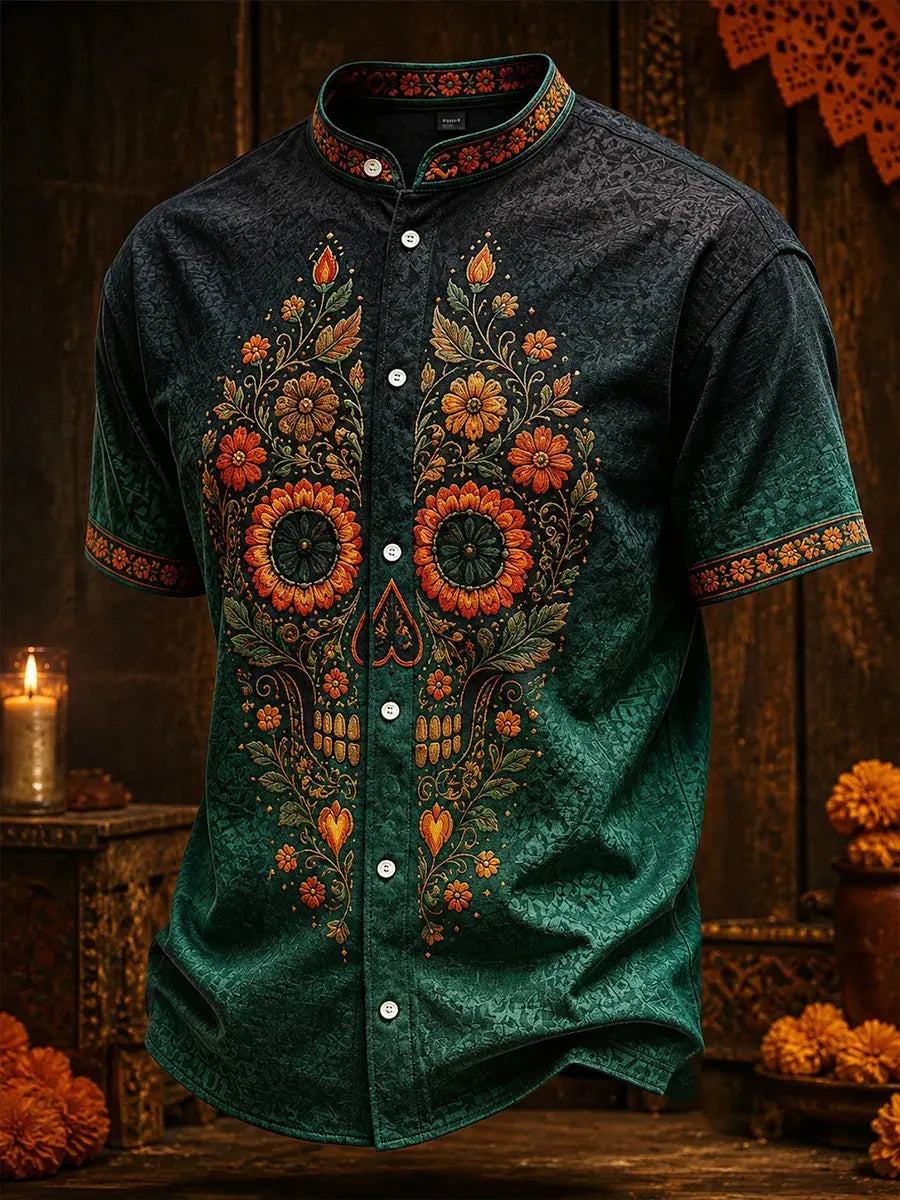 Men's Day Of The Dead Floral Skull Print Stand Collar Short Sleeve Shirt