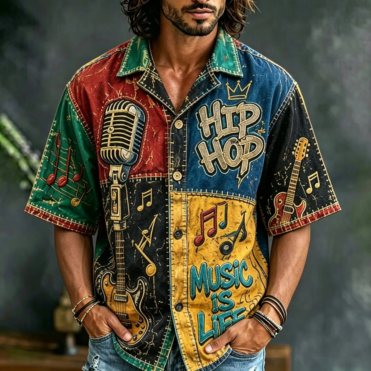Men's Retro Hip Hop Music Guitar Patchwork Print Short Sleeve Buttons Shirt