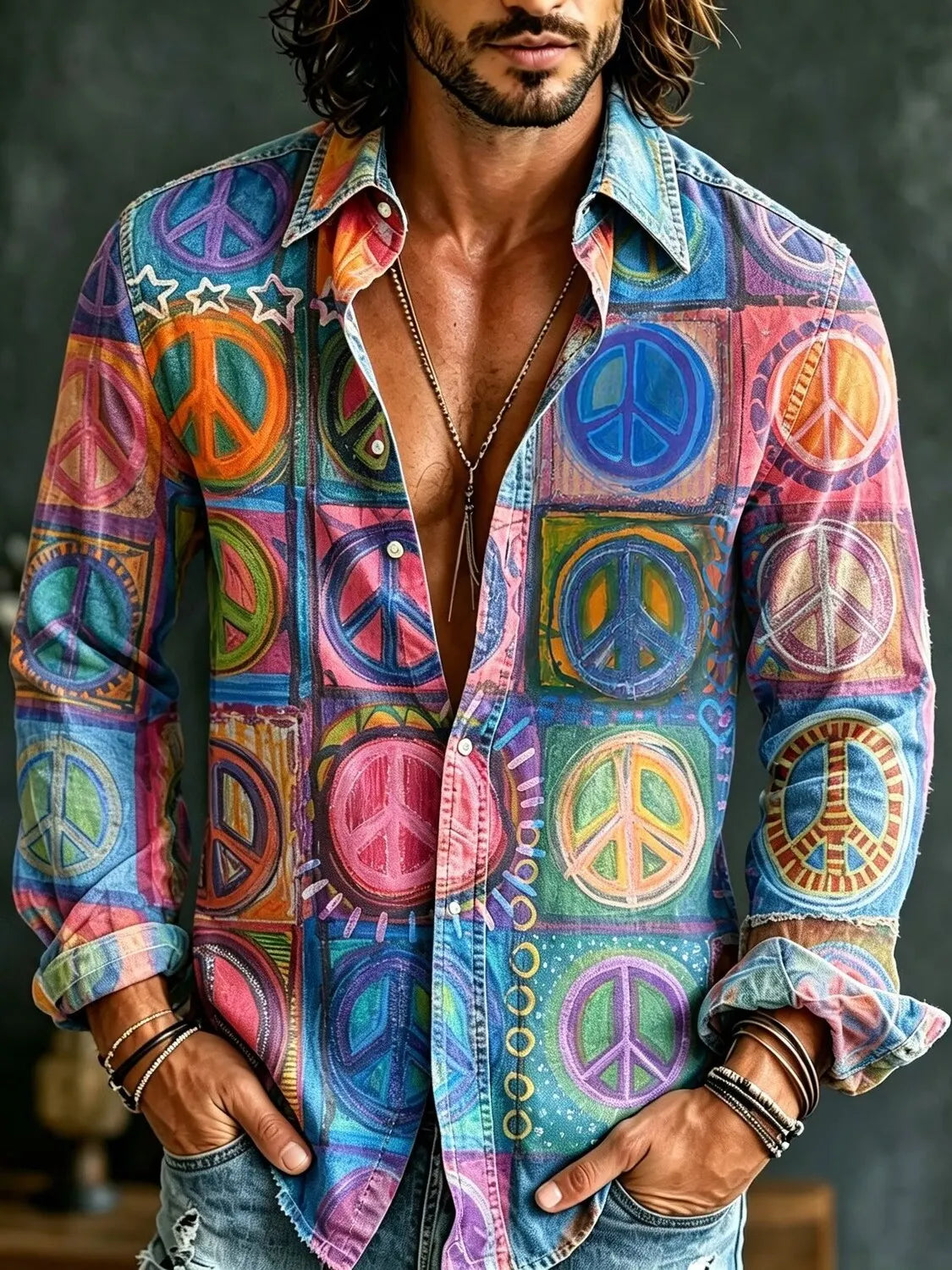 Men's Retro Hippie Style Peace Sign Print Long Sleeve Shirt