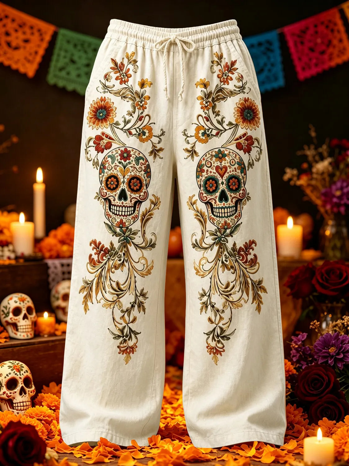 Men's Day Of The Dead Calavera Skull Vivid Bloom Print Pants