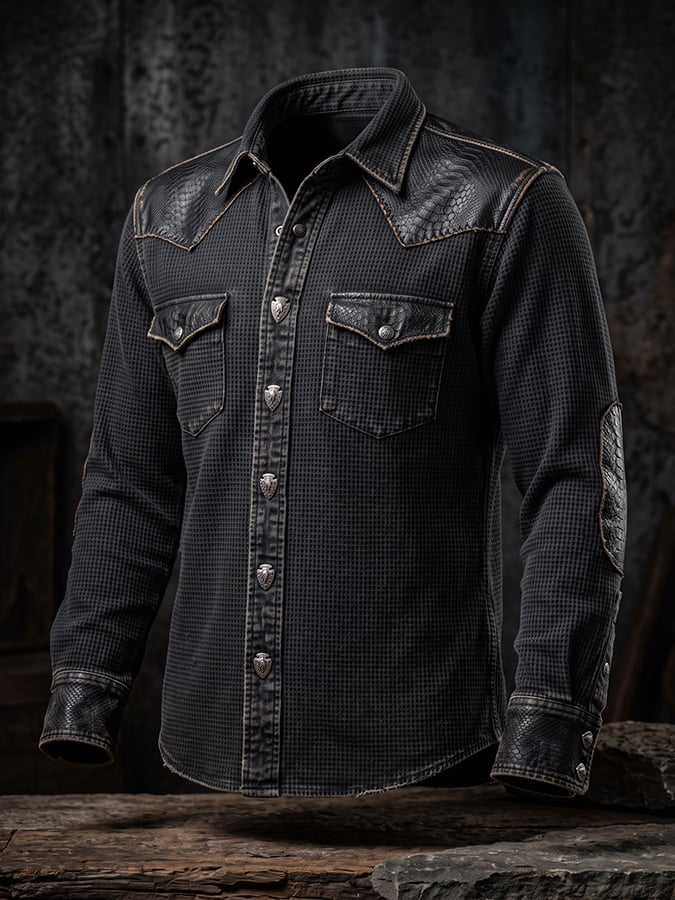 Men's Vintage-Style Waffle-Knit and Leather Panel Western Shirt with Dual Pockets