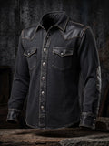 Men's Vintage-Style Waffle-Knit and Leather Panel Western Shirt with Dual Pockets