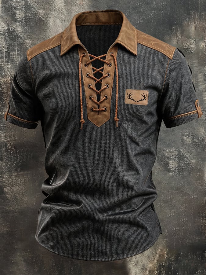 Men's Retro Ribbed-Knit Stretch T-Shirt with Leather-Trimmed Lace-Up Neckline