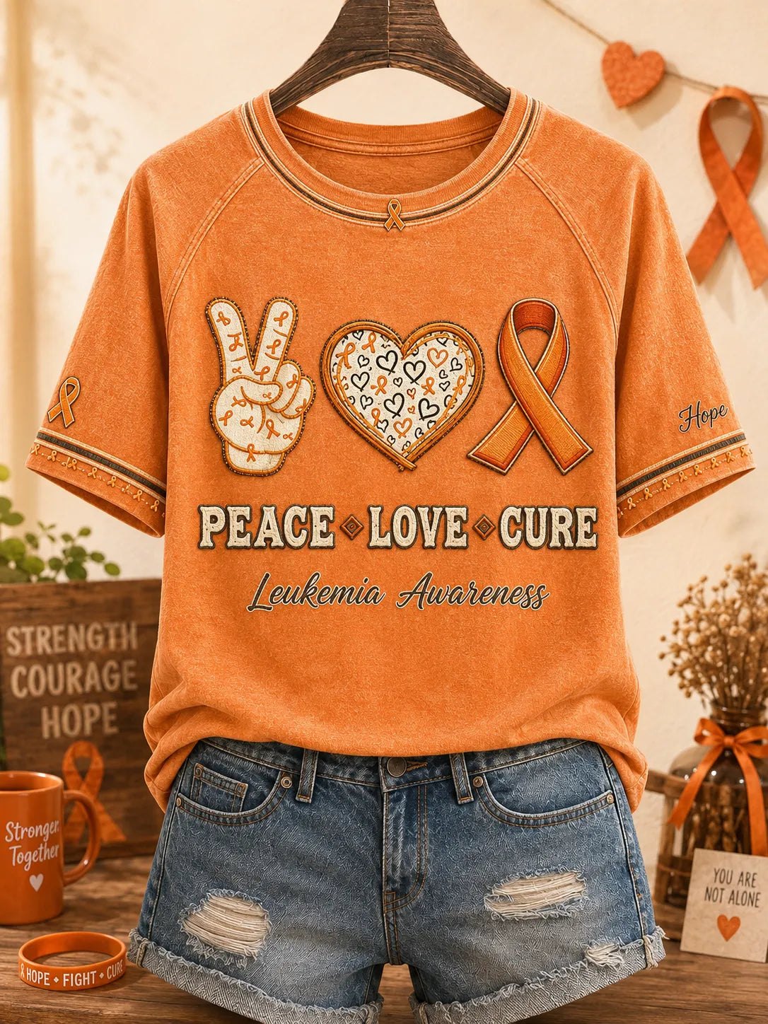 Women's Peace Love Cure Leukemia Awareness  Print T-shirt