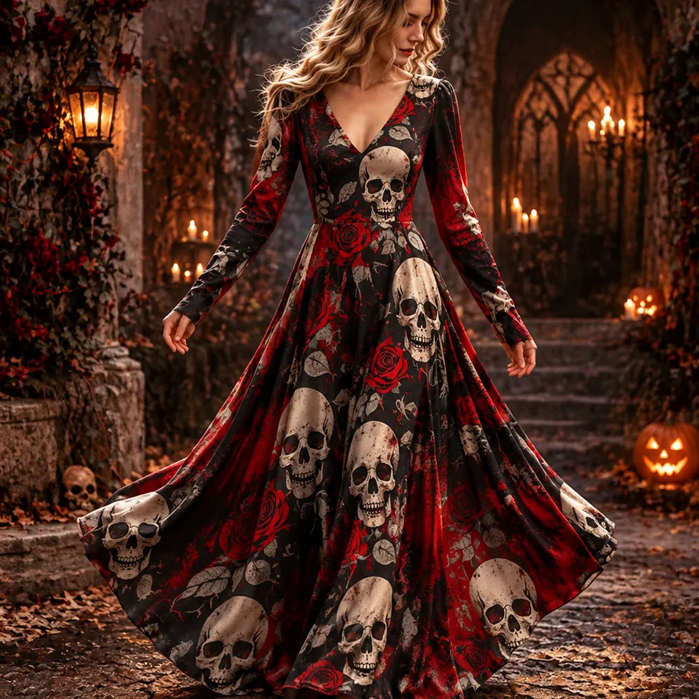 Women's Halloween Gothic Skull & Red Roses Long Sleeve Maxi Dress