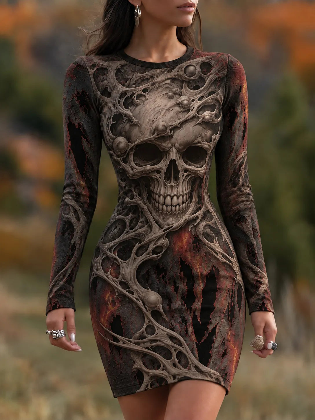 Women's Vintage Halloween Fall Skull Face With Rust Art Comfy Mini Bodycon Dress