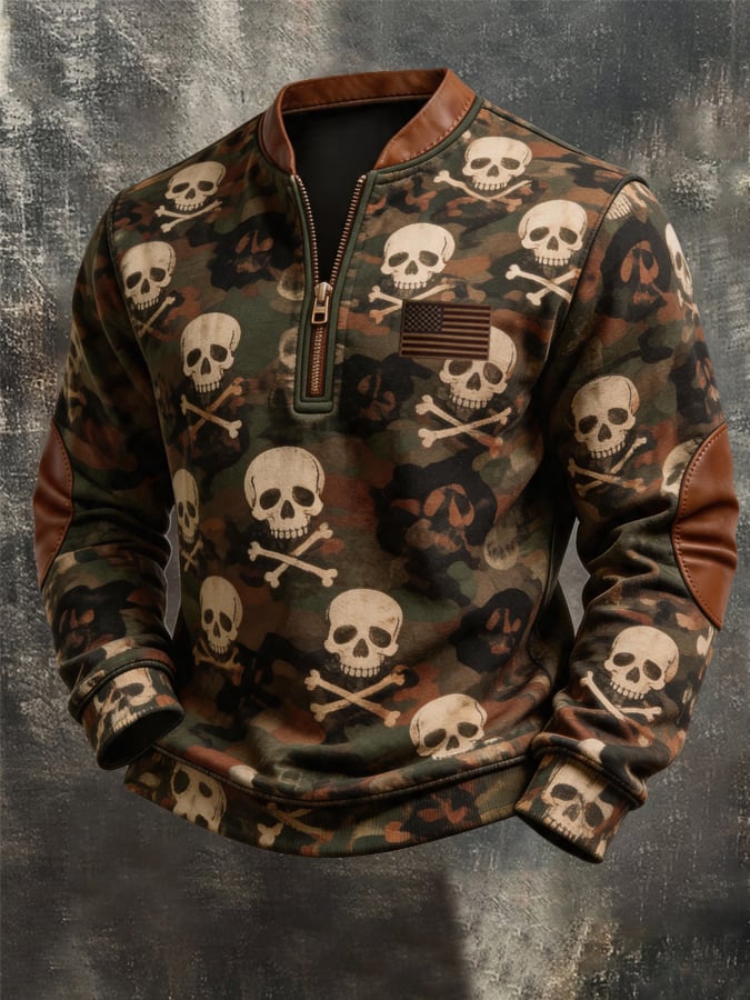 Men's Outdoor Veteran Skull Camo Zip-Up Hoodie
