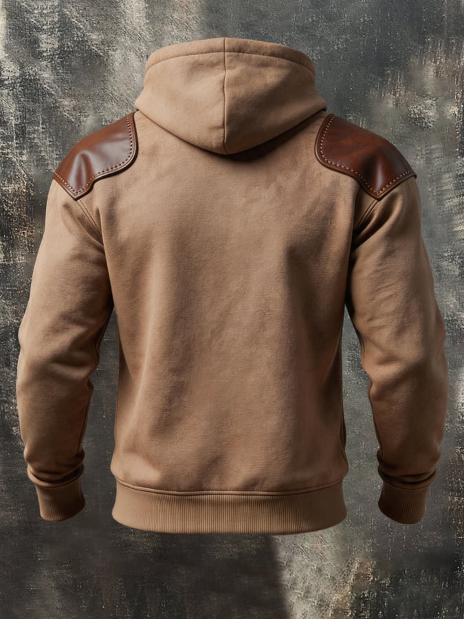 Men'S Retro Color-Block Hoodie With Leather Paneling