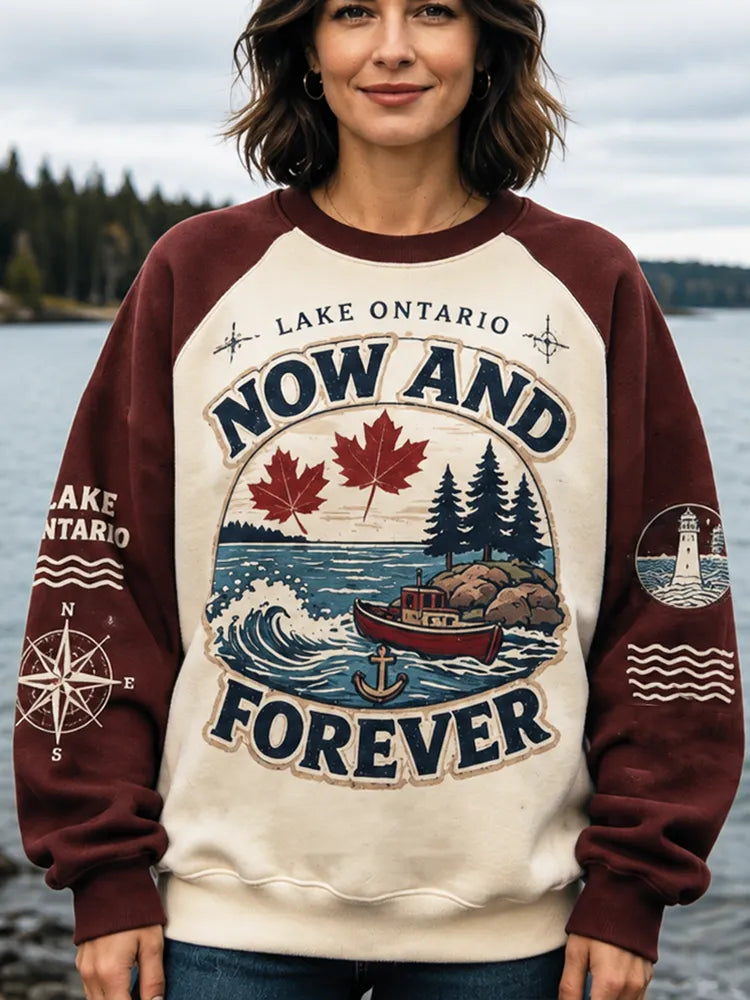 Women's Casual Raglan Sweatshirt - Lake Ontario, Red Boat, Maple Leaves & Pine Trees Print