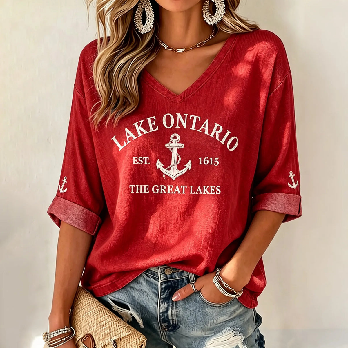 Lake Ontario 1615 Printed Women's Mid-sleeve V-neck T-shirt
