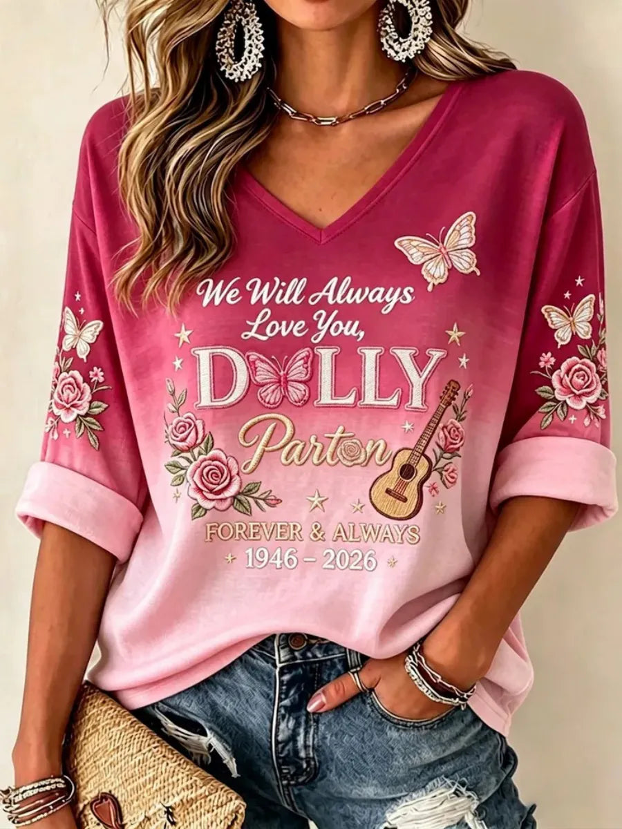 Women's Commemorative Print Casual Waffle V-Neck Top