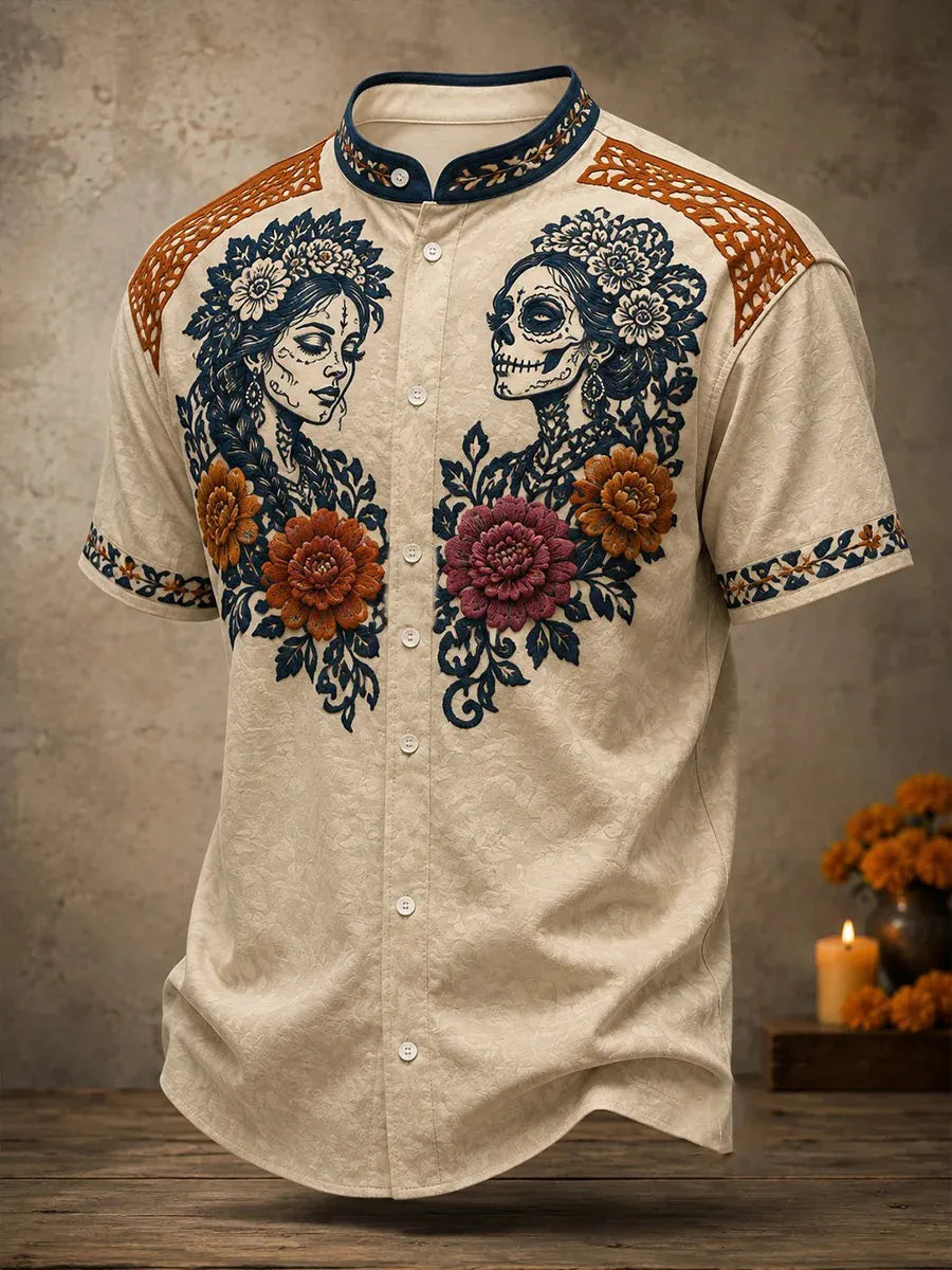 Men's Day of the Dead Floral Art Print Stand Collar Short Sleeve Shirt