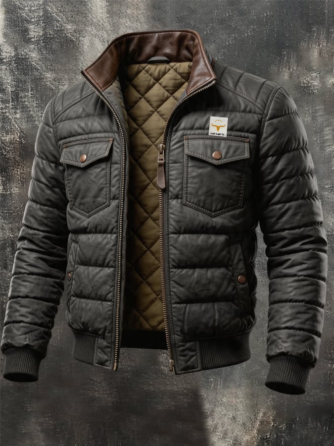 Men's Retro Leather Quilted Patchwork Warm Zipper Outdoor Jacket