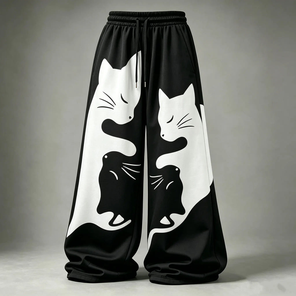 Women's Casual Retro Black Cat Print Trousers