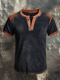 Men's classic casual retro style Henley T-shirt with color block