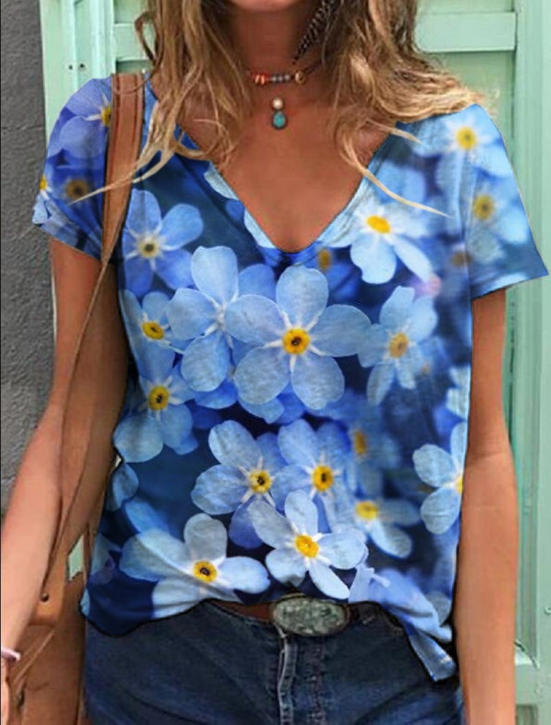 Women's Alzheimer's Awareness Forget Me Not Flower Print Casual T-Shirt
