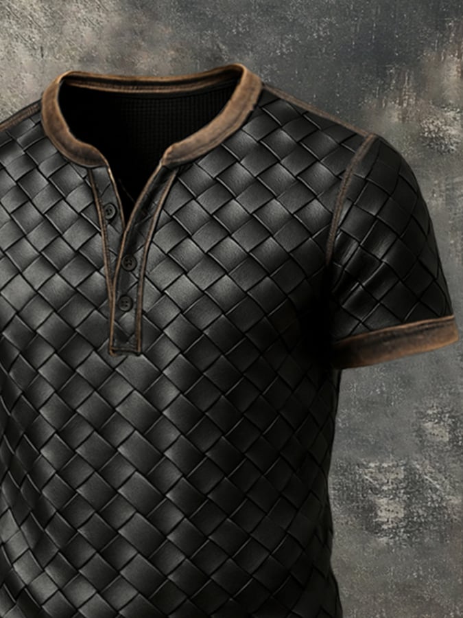 Men's Retro Plaid Colorblock Casual Henley Short Sleeve T-Shirt