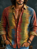 Men's Retro Geometric Colorblock Print Long Sleeve Pocket Shirt