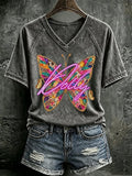 V Neck Retro Butterfly Queen Of Country Print T-Shirt