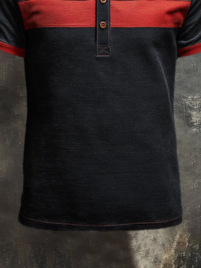 Men's casual retro wash colorblock Henley T-shirt