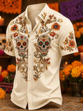Men's Ornate Vine Floral Calaveras Day of the Dead Print Short Sleeve Buttons Shirt