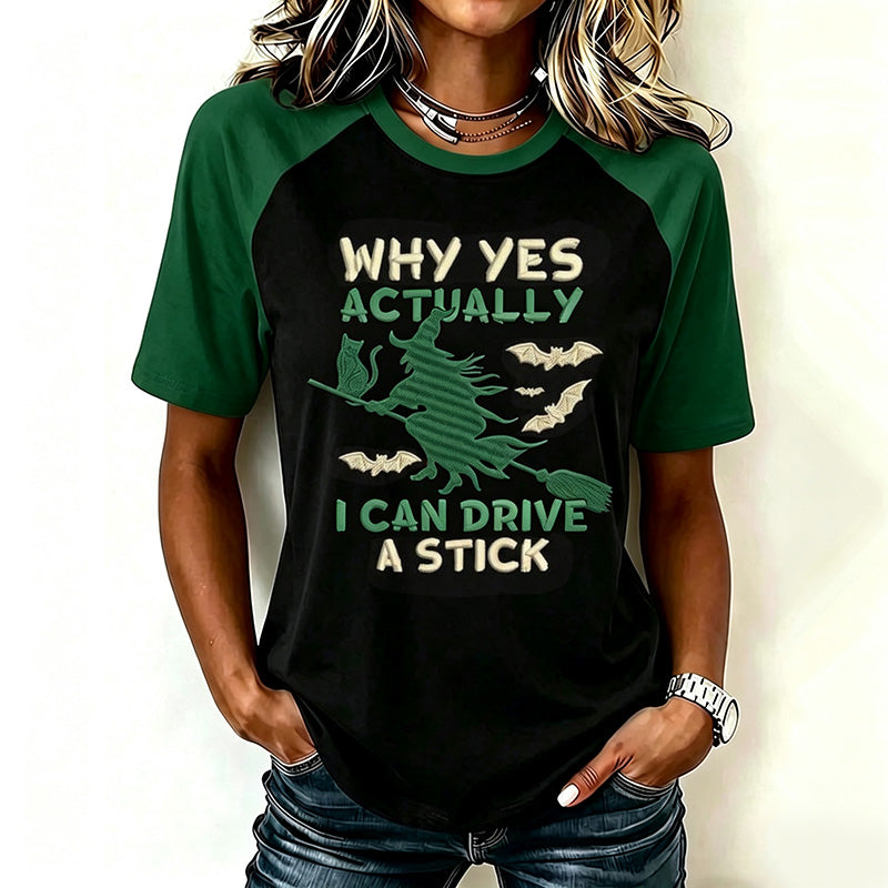 Women's Retro Halloween Theme Pattern I Can Drive A Stick Print Short-sleeve T-shirt