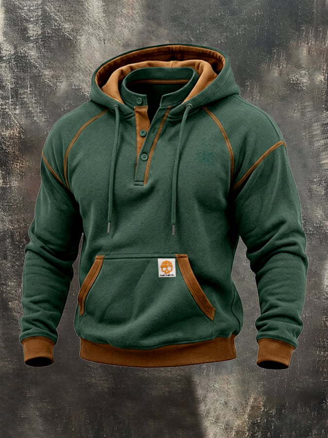 Men’S Vintage Color-Block Hooded Sweatshirt With Button Detail