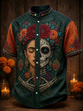 Men's Day Of The Dead Mysterious Half Skull Face And Floral Print Stand Collar Short Sleeve Shirt
