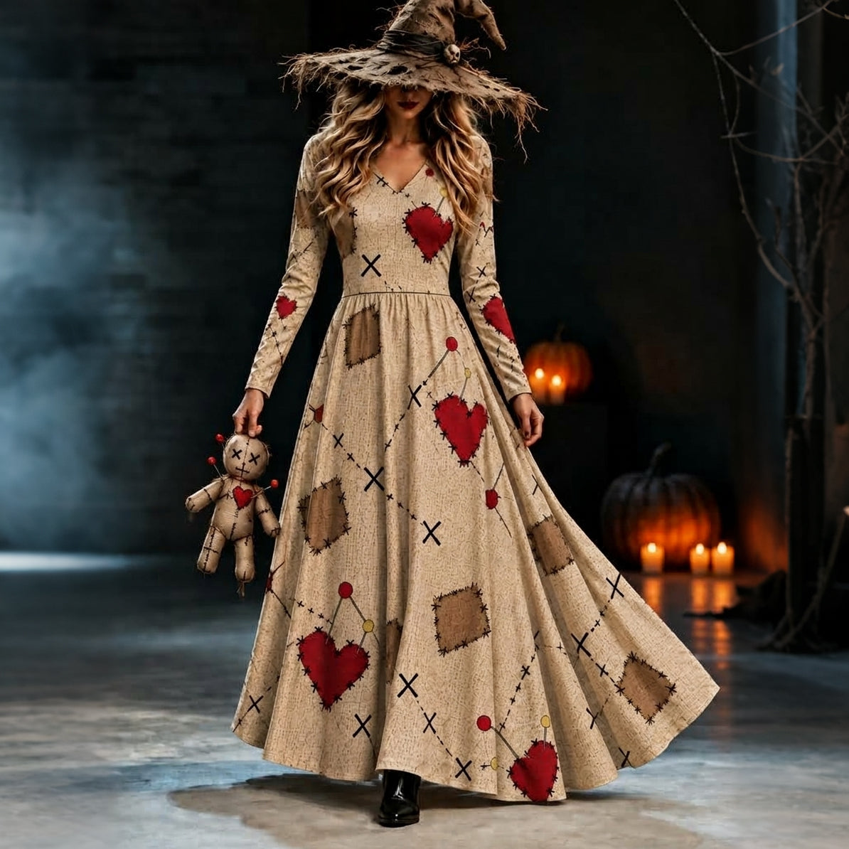Women's Halloween Voodoo Doll Cosplay V-neck Maxi Dress