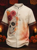 Men's Day Of The Dead Skull Dahlia Floral Print Stand Collar Short Sleeve Shirt
