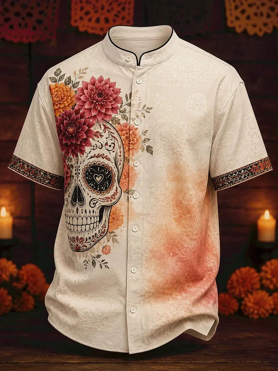 Men's Day Of The Dead Skull Dahlia Floral Print Stand Collar Short Sleeve Shirt