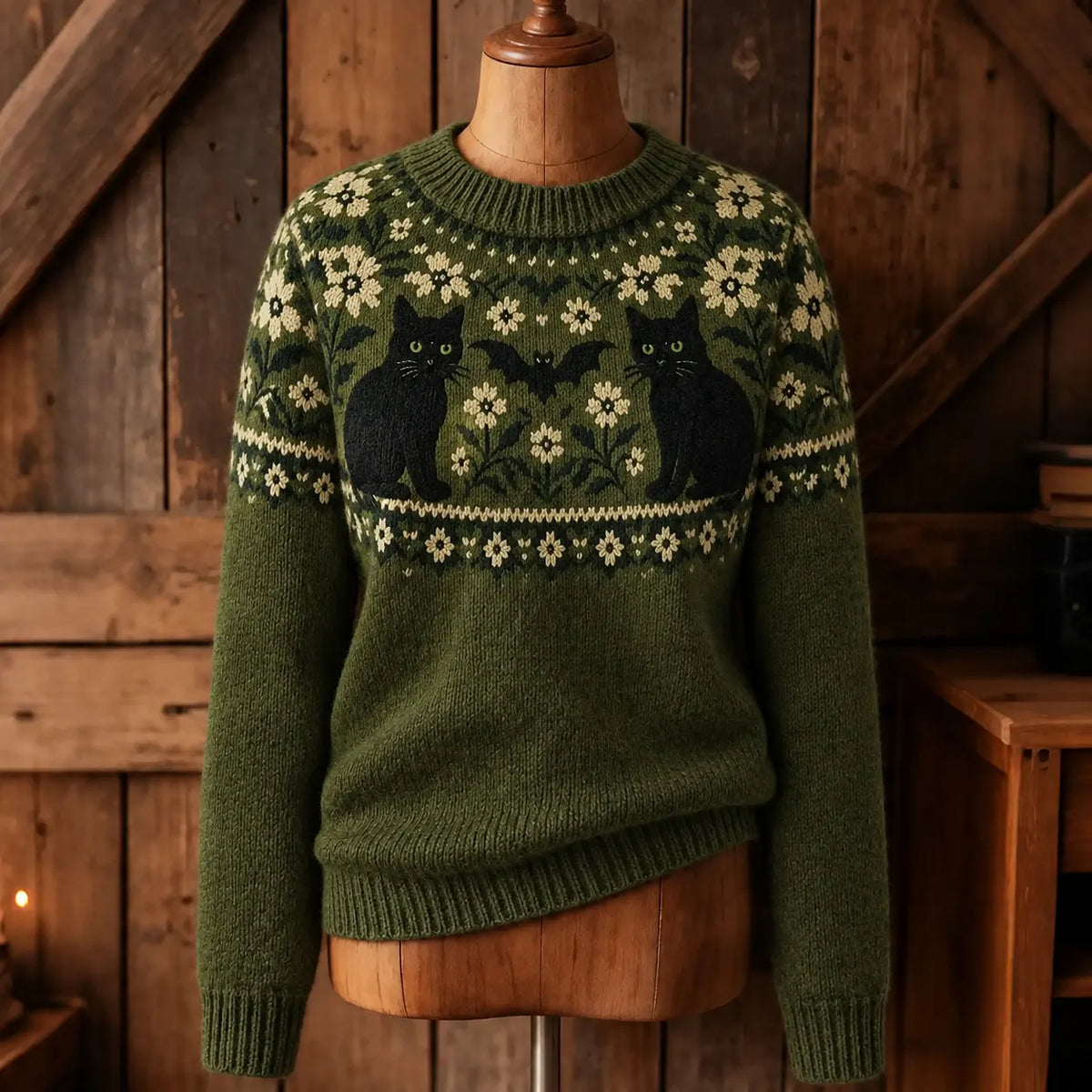 Women's Retro Black Cat Flowers Pattern Cozy Fair Isle Style Knit Sweater