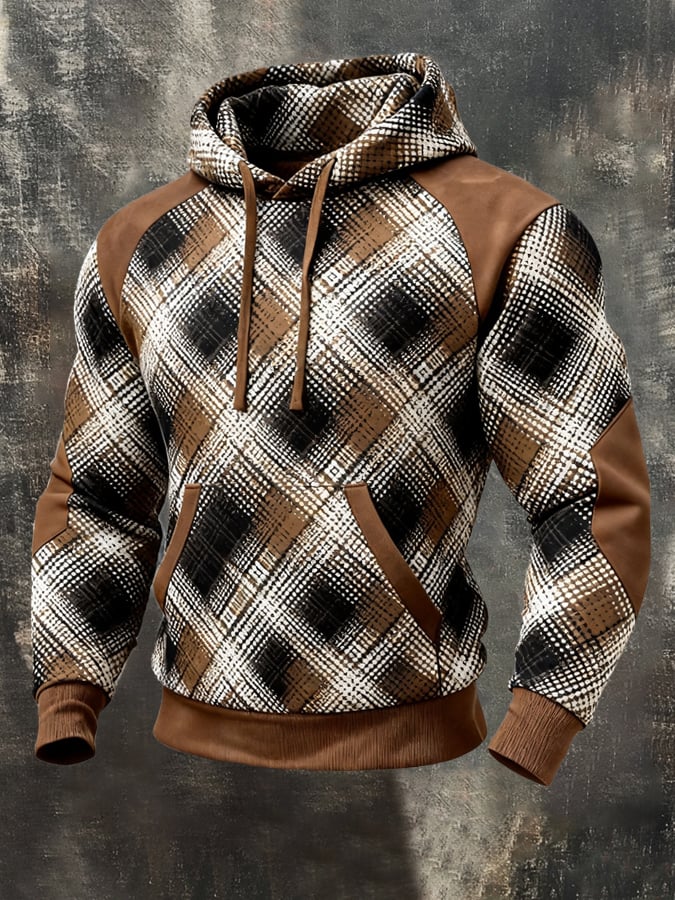 Men'S Retro Color-Block Print Hoodie With Contrasting Details