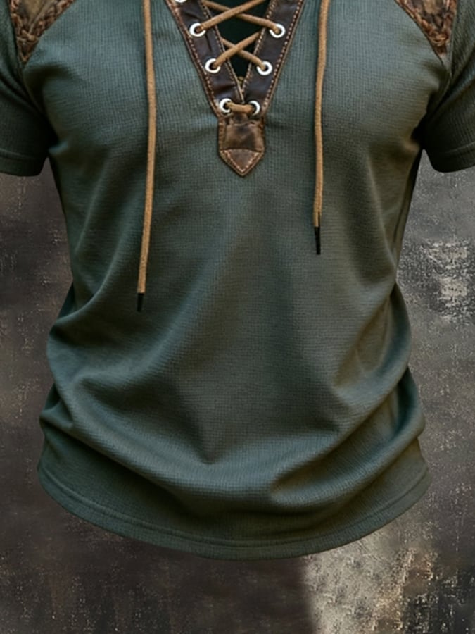 Men'S Retro Color-Block Short-Sleeve T-Shirt With Contrast Leather Paneling And Lace-Up Detail