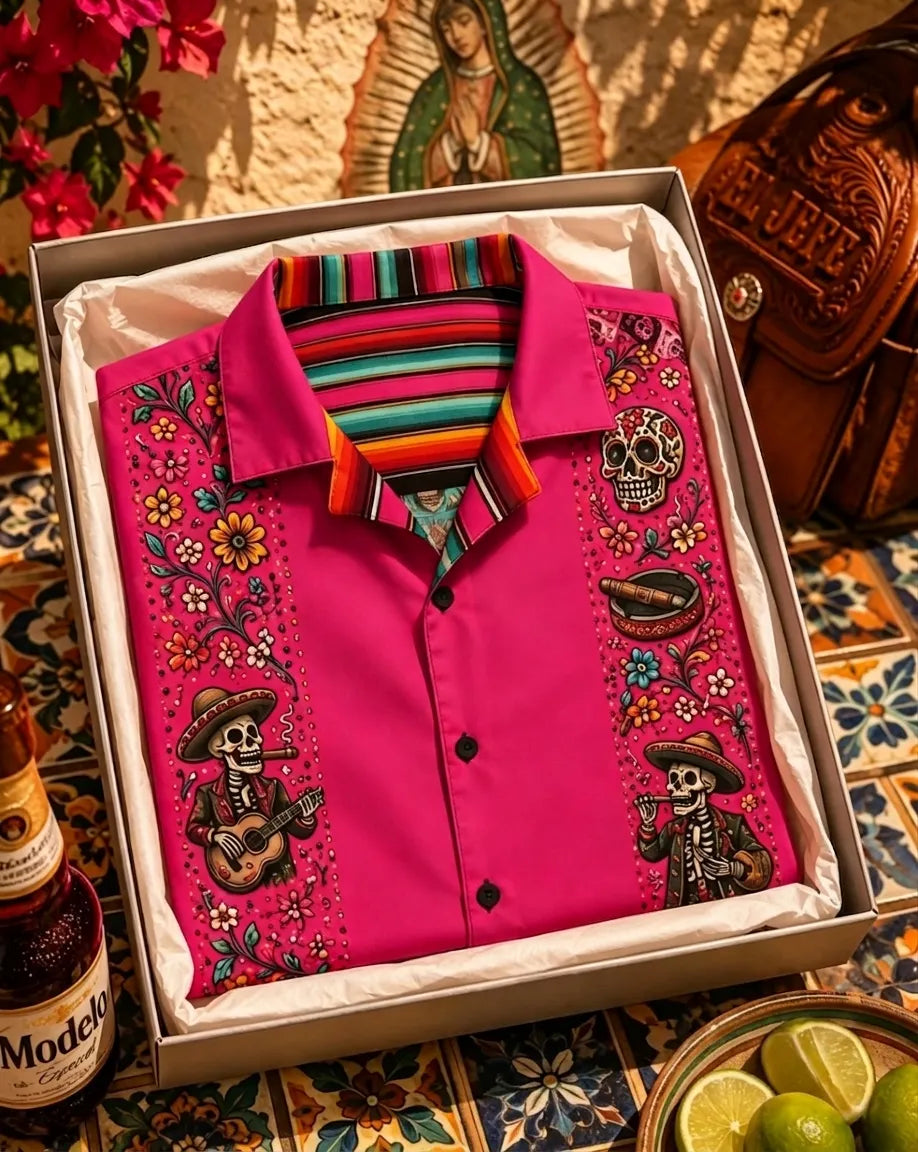 Men's Day Of The Dead Bright Multicolored Vertical Band Print Cuban Collar Short Sleeve Shirt