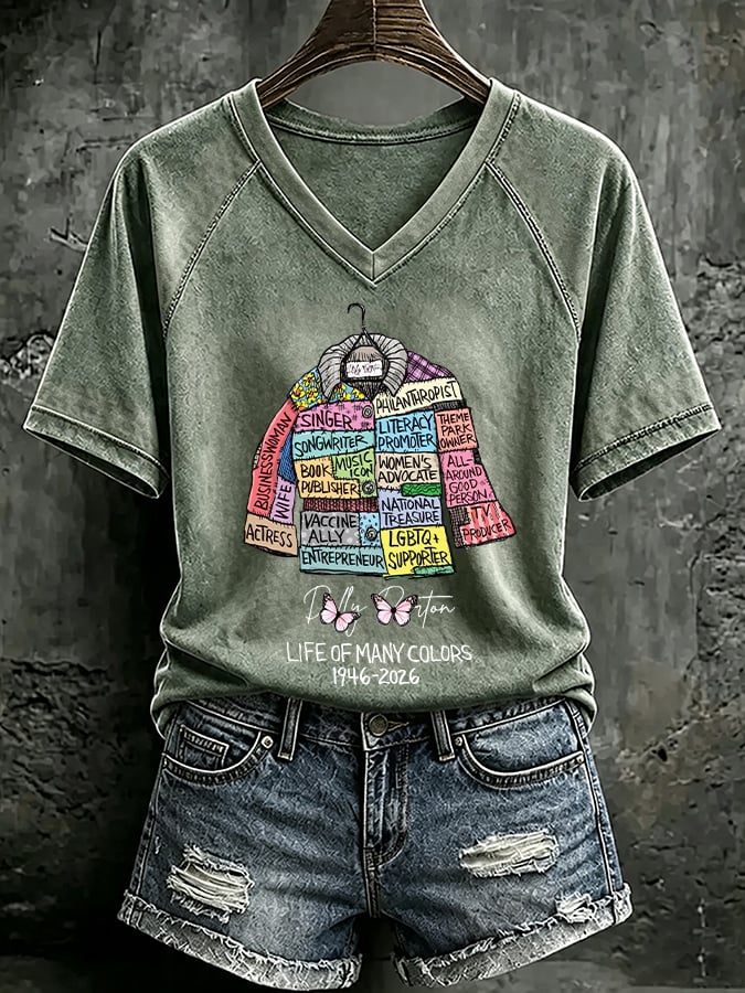 V Neck Retro Coat Of Many Colors Print T-Shirt