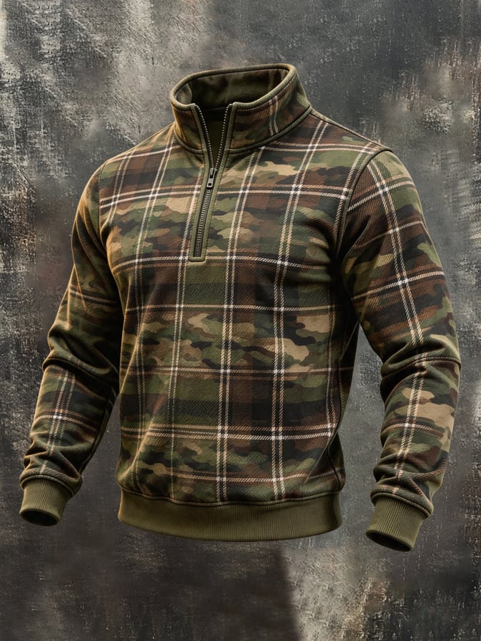Men's Retro Color-Block Camouflage Print Quarter-Zip Sweatshirt