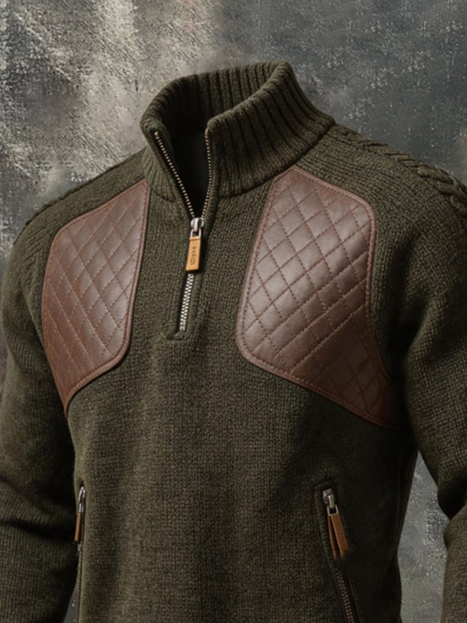 Men's Retro Color-Block Leather Quarter-Zip Mock-Neck Sweater