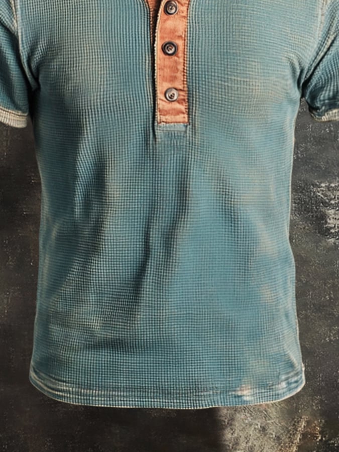 Men's Casual Waffle Colorblock Henley Short Sleeve T-Shirt