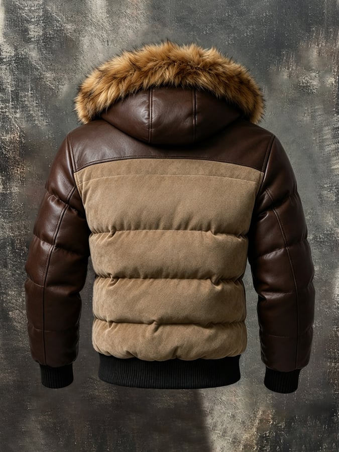 Men’S Vintage-Style Fleece-Lined Hooded Jacket With Contrast Leather Paneling (Detachable Fur Collar)