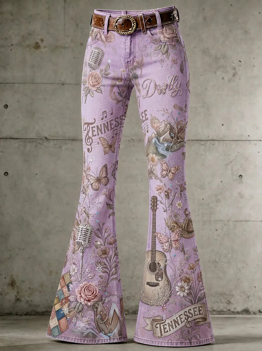 Women's Dolly Parton Country Music Guitar Rose Printed Flare Pants