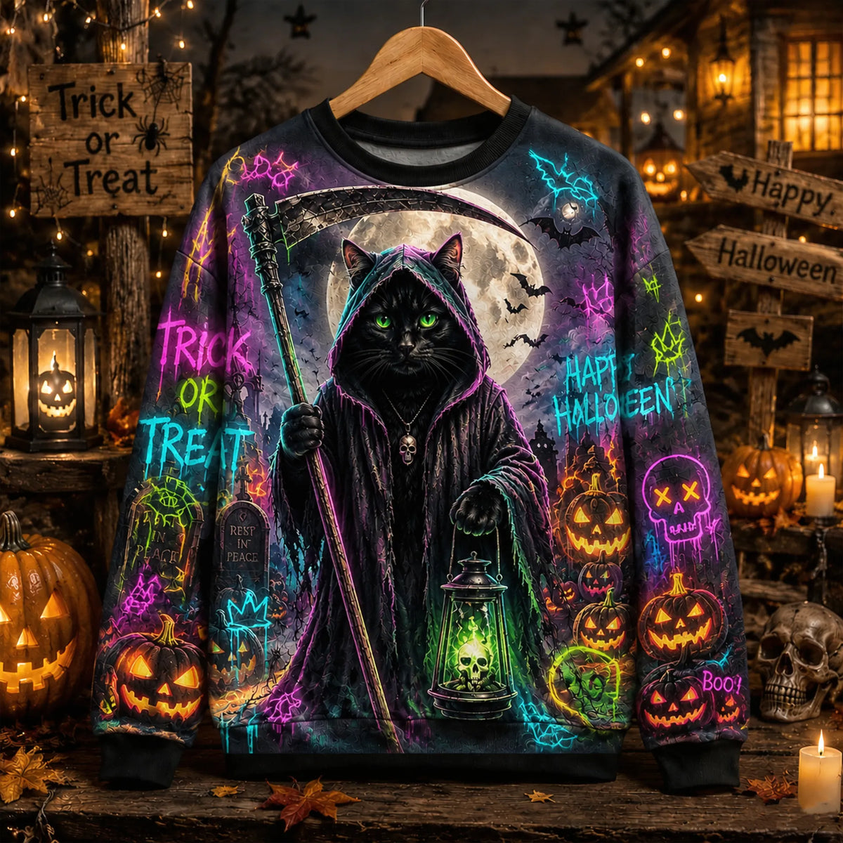 Neon Grim Reaper Black Cat Halloween Spooky Trick Or Treat Pumpkin Gothic Sweatshirt