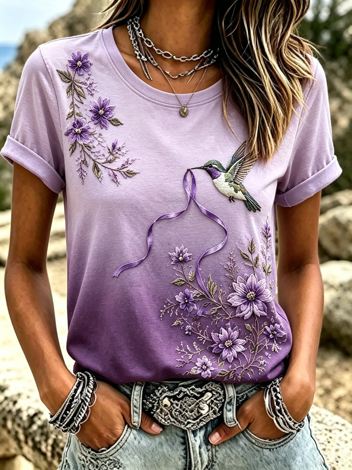 Women's Retro Hummingbird And Floral Print Comfortable T-Shirt